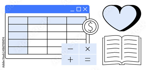 Financial planning, education, budgeting, love for learning, data management, teaching tools. Spreadsheet with cells, calculator symbols heart and open book. Financial planning and education