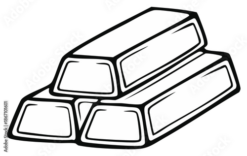 Black and white outline vector illustration of three shiny gold bars stacked together