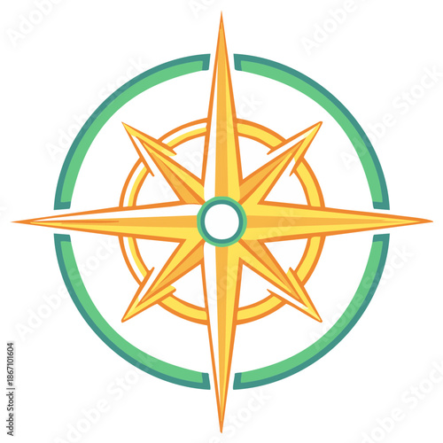 Vector Compass Rose Illustration in Yellow and Green with Eight Points within a Circle Frame for Navigation