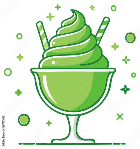 Green matcha soft serve ice cream sundae in a glass bowl vector illustration