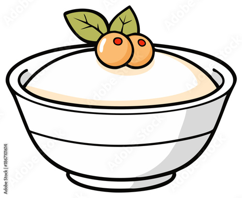 White bowl with creamy dessert topped with berries and leaves