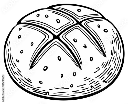 Artistic illustration of a bread roll, showing cross-shaped cuts and dots.
