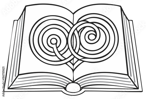 Open book with an intertwined double spiral forming a heart. Line art vector for love of reading, knowledge, and wisdom.