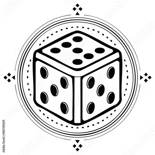 Vintage Style Dice Symbol Inside Circular Ornament with Decorative Elements