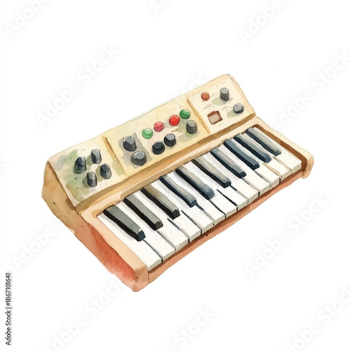 Watercolor illustration of a vintage analog synthesizer keyboard.