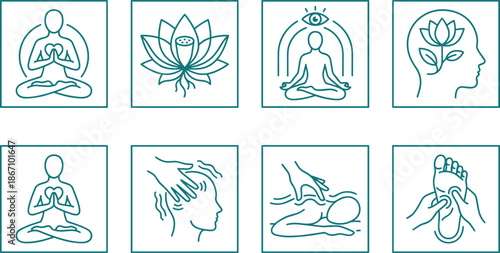 Meditation and holistic wellness icons set, mindfulness practice, mental health, yoga, massage therapy, spiritual balance, minimal line design