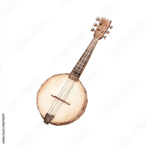 Watercolor illustration of a vintage banjo musical instrument.
