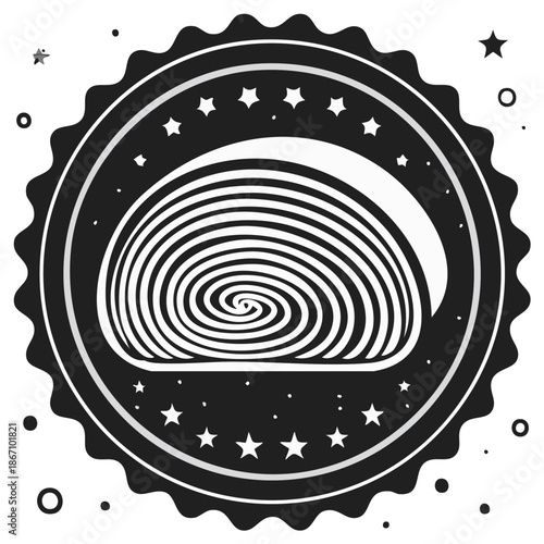 Circular Emblem with Swirling Hypnotic Pattern and Stars