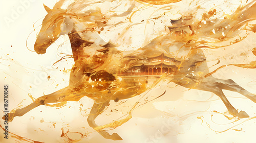 Majestic Golden Horse Running Illustration for 2026 Chinese New Year Zodiac Art