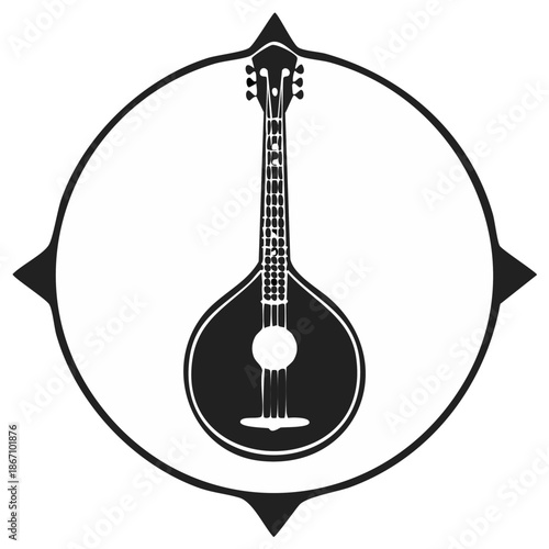 Stringed Instrument Icon with Compass Frame Folk Music Element Graphic