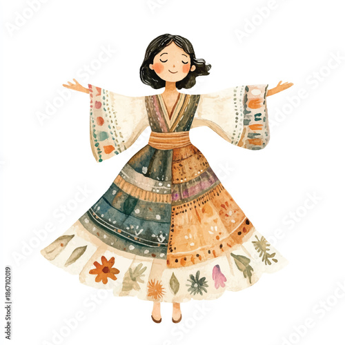 Watercolor Illustration of a Woman in a Patchwork Dress with Arms Outstretched.