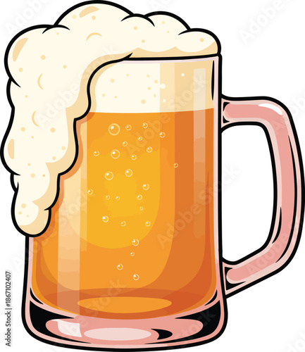 Mug of beer with overflowing foam head, handdrawn style illustration