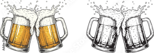 Two beer mugs clinking with splashing foam, color and black white illustration
