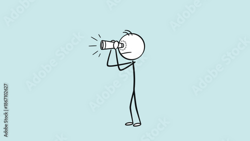 Stick Figure Person Looking Through Binoculars on Light Blue Background