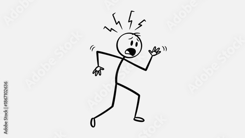 Scared stick figure running away in panic with lightning bolts over head indicating stress in a bright studio.