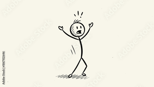 Shocked stick figure with arms raised and mouth open in great surprise in a bright studio.
