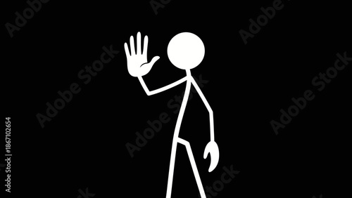 Stick figure showing an open palm gesture to stop or warn on a black background.