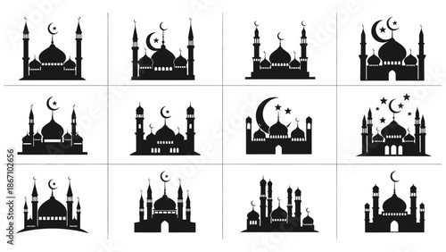 Black mosque icons with crescent moon and stars white for ramadan or islamic design with religion and architecture Silhouette vector on whit Background