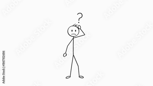 Confused Stick Figure Man Standing and Scratching Head with Question Mark, Isolated White Background