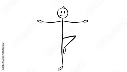 Happy stick figure person balancing on one leg with outstretched arms, depicting focus or yoga pose in an isolated white background.