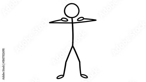 Happy stick figure person standing with arms outstretched horizontally, depicting openness or balance in a bright studio.