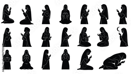 of a woman in various islamic prayer positions white white with Islamic art and prayer illustration and religious art Silhouette vector on whit Background
