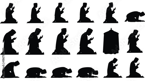 of a man in various islamic prayer positions white white with man praying and muslim and religion and faith Silhouette vector on whit Background