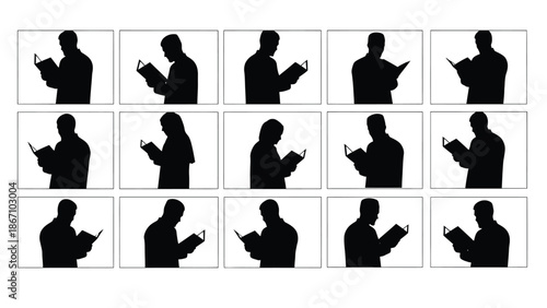 Collection of people reading devices in various poses white white with black silhouettes and technology Silhouette vector on whit Background