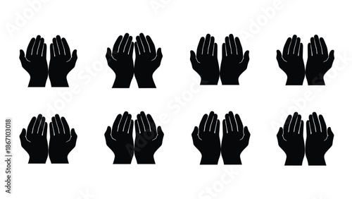 Eight pairs of black hands clasped together in prayer or praise white white with praying hands and hands together Silhouette vector on whit Background