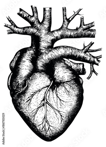Vintage hand drawn line art illustration of human heart depicting detailed anatomy for medical and biological education