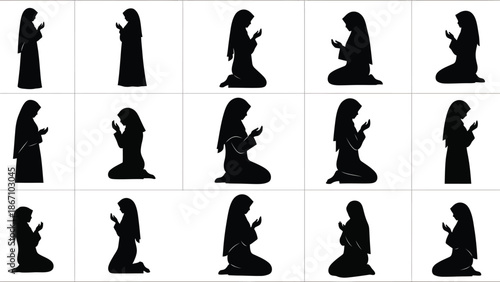 of a woman in various prayer positions white for graphic design elements white with religion and faith and spirituality Silhouette vector on whit Background