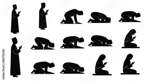 of a muslim man in various prayer positions white white with muslim prayer and islamic art and religious illustration Silhouette vector on whit Background