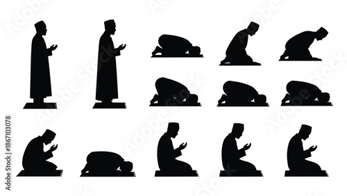 of a man in various islamic prayer positions white white with man praying and muslim and faith and religion Silhouette vector on whit Background