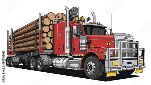 Red Logging Truck with Timber Load