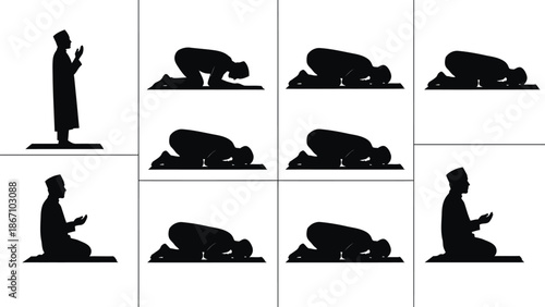 Man in various prayer positions in a collage white with muslim and islam and religion and faith and worship Silhouette vector on whit Background