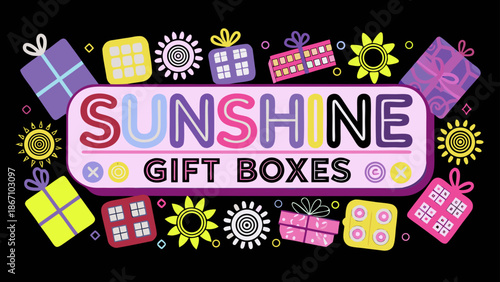 Illustration of sunshine gift boxes sign with colorful gifts and suns on a black background design art