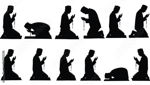 of a muslim man performing various prayer positions with rosary white white with muslim prayer and islamic Silhouette vector on whit Background