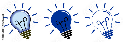 Three distinct deep blue light bulb symbols with shining rays, depicting a creative spark, innovative thinking, and eco-friendly technology concepts clearly