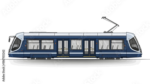 Modern Blue Tram on White Background