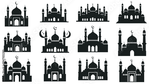Collection of black mosque icons with crescent moon white for religious or cultural designs with islamic Silhouette vector on whit Background