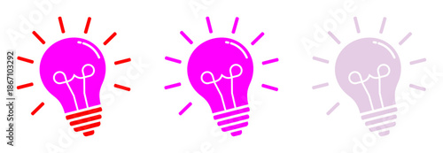 Three distinct magenta light bulb symbols with shining rays, depicting a creative spark, innovative thinking, and eco-friendly technology concepts clearly
