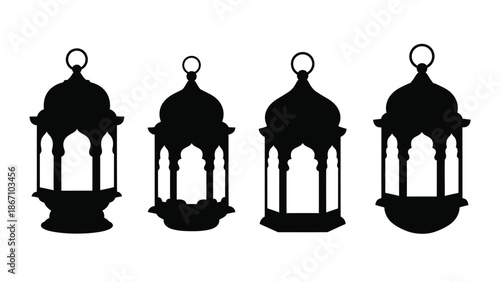 Four black silhouettes of hanging lanterns with domed tops and circular handles white with graphic and illustration Silhouette vector on whit Background