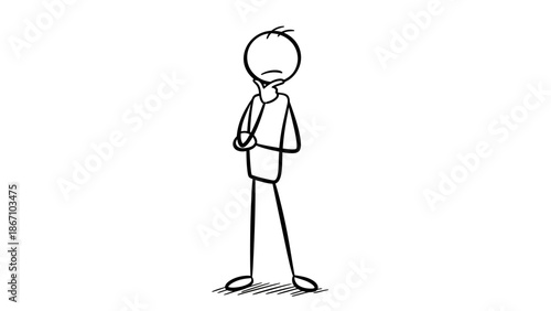 Thoughtful stick figure person standing with hand on chin, contemplating or making a decision in an isolated white background.