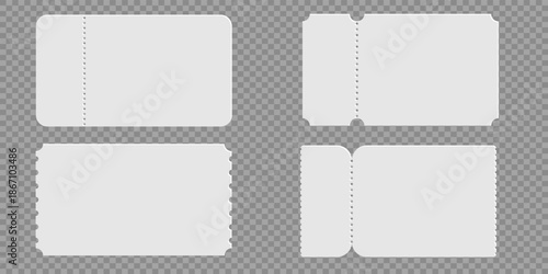 Blank ticket frames set with perforated edges for concert passes, festival tickets, lottery cards and promotional coupons in clean vector style