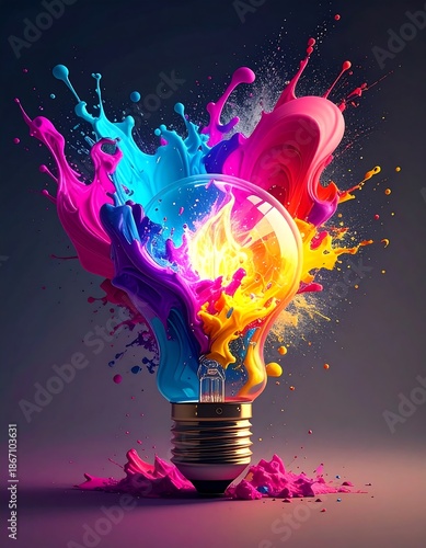 A lightbulb radiates color and energy, surrounded by vibrant paint splashes on a muted background