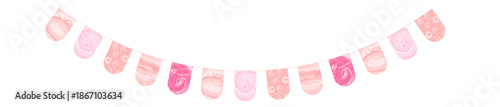 Cute pink pennant bunting garland with watercolor texture hanging in curved line for baby party celebration invitation border kids event isolated illustration on white background