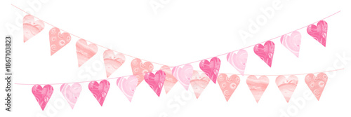 Gentle pink pennant garland with heart flag shapes hanging on string cute festive decoration for baby girl birthday celebration event isolated cartoon illustration