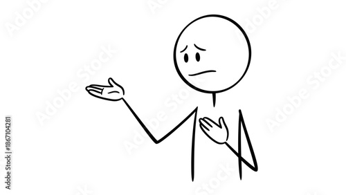 Stick Figure Man Expressing Sadness and Worry, Apologizing with Hand Gesture, Isolated White Background