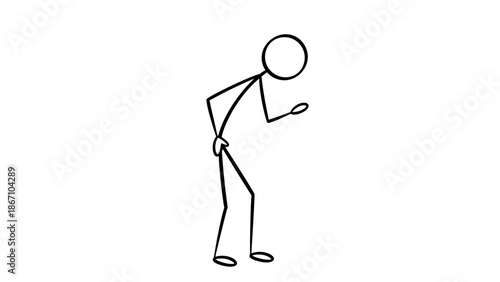 Curious Stick Figure Person Bending Down and Looking at the Ground, Isolated White Background