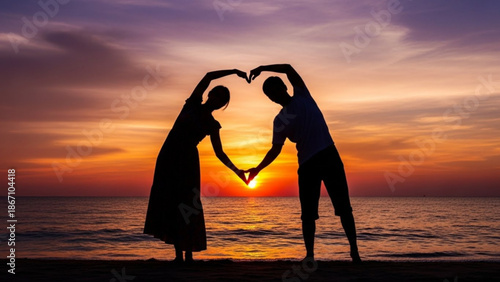 Couple silhouetted at sunset on beach forming a heart shape with hands symbolizing love and romance